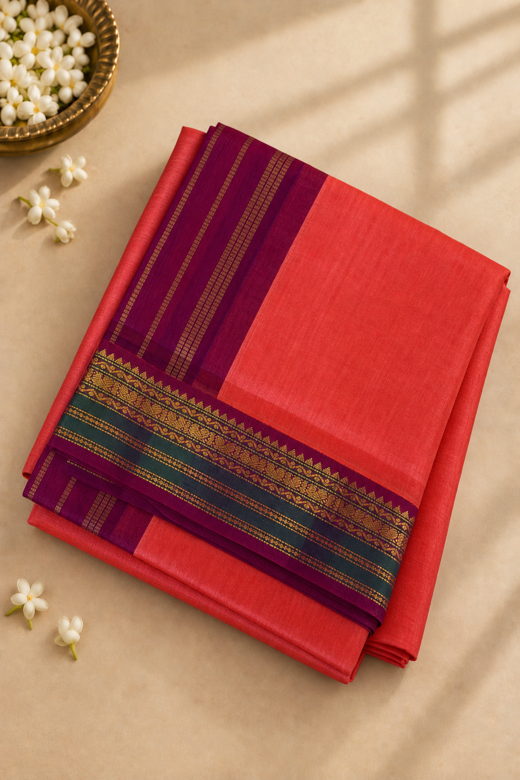 Peach Pink Madisar Silk Cotton Saree With Plain Pattern