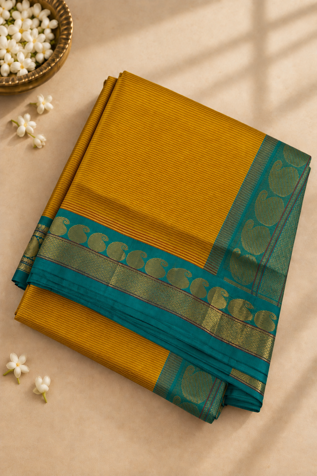 Yellow Madisar Silk Cotton Saree With Stripes Pattern