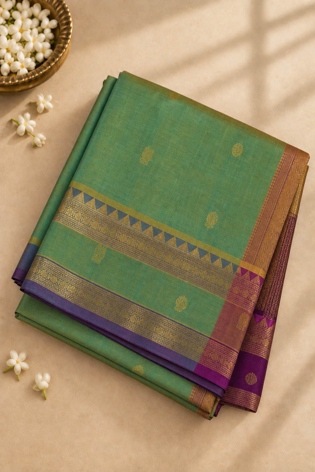 Dual Tone Green Madisar Silk Cotton Saree With Zari Buttas Pattern