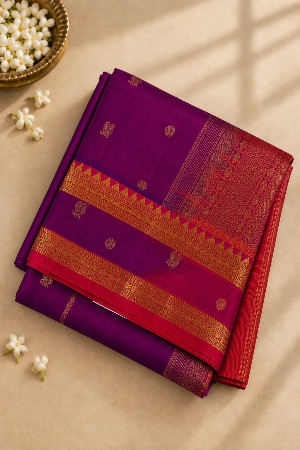 Purple Madisar Silk Cotton Saree With Zari Buttas Pattern