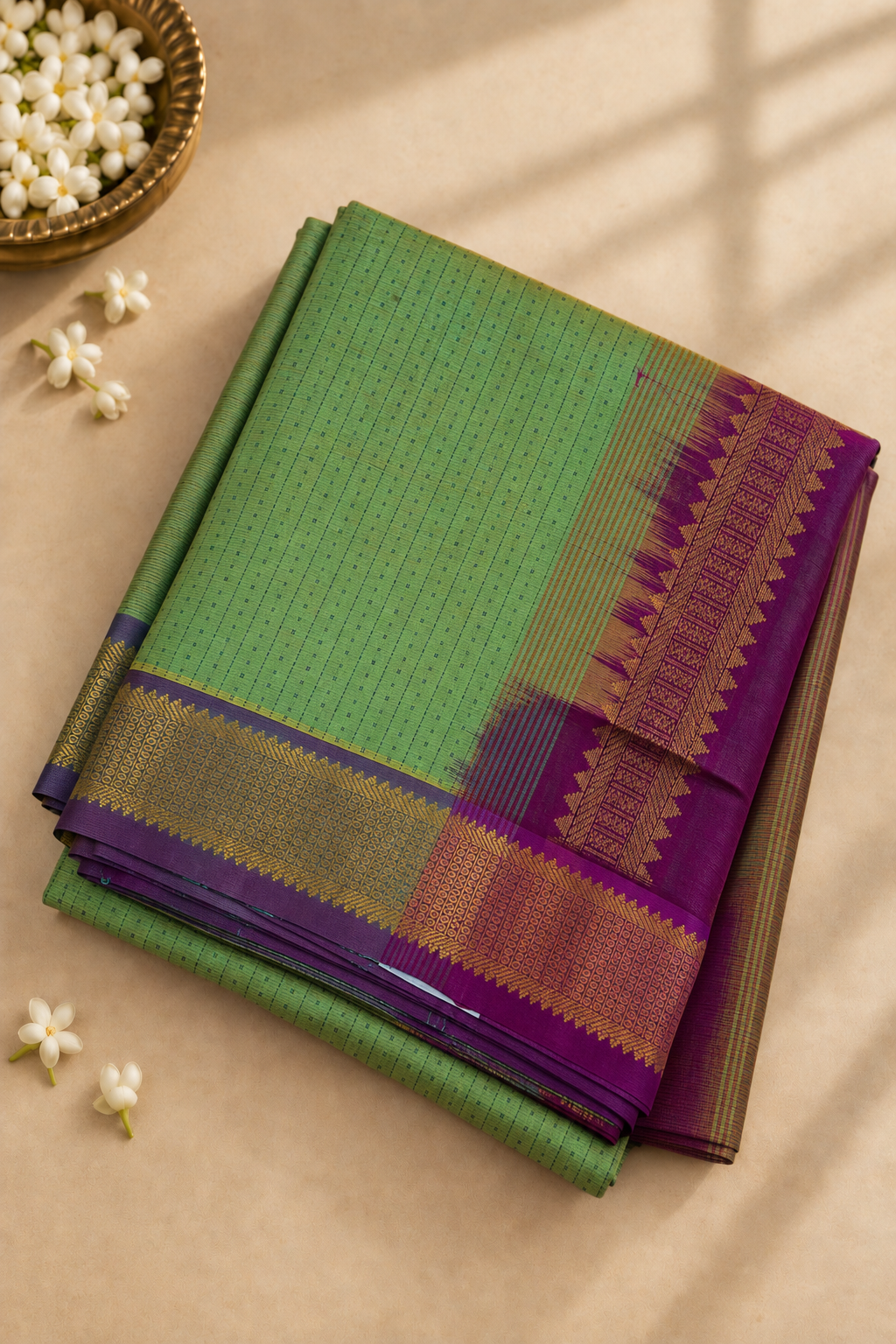 Sea Green Madisar Silk Cotton Saree With Laksha Deepam Design Pattern