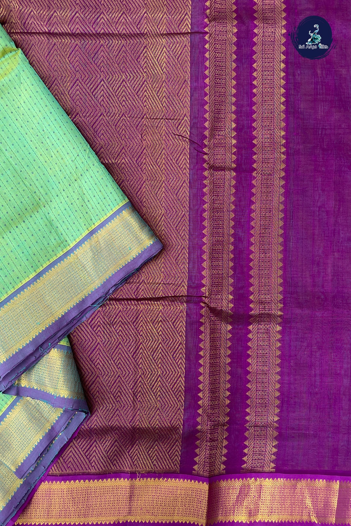 Sea Green Madisar Silk Cotton Saree With Laksha Deepam Design Pattern