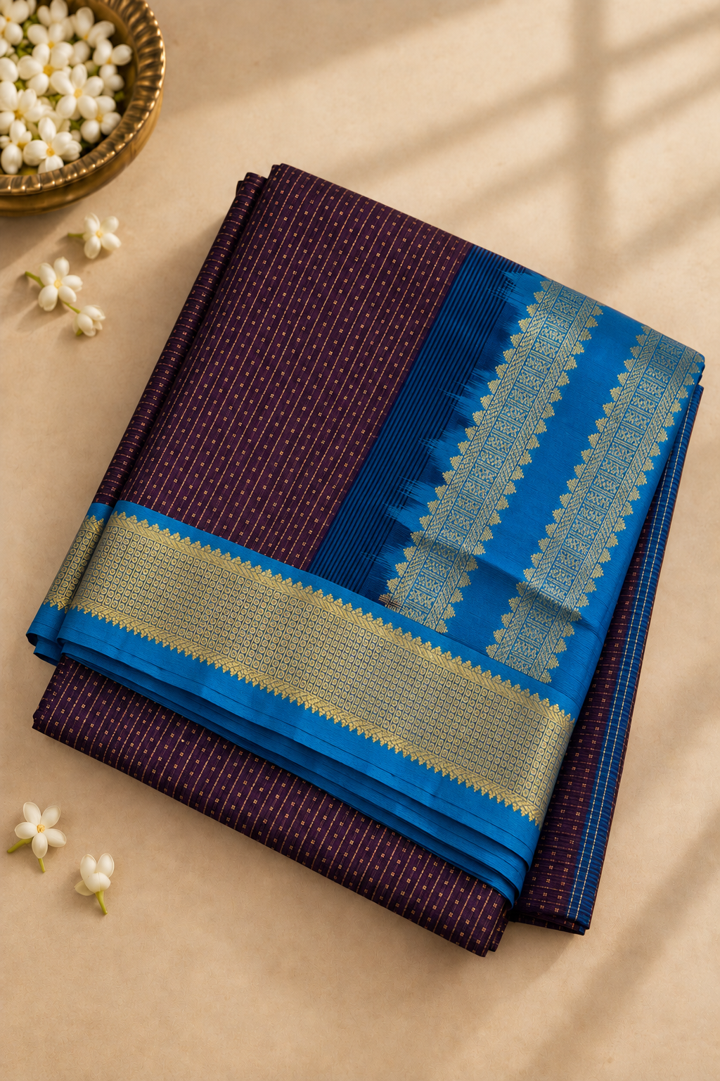 Dark Violet Madisar Silk Cotton Saree With Laksha Deepam Design Pattern