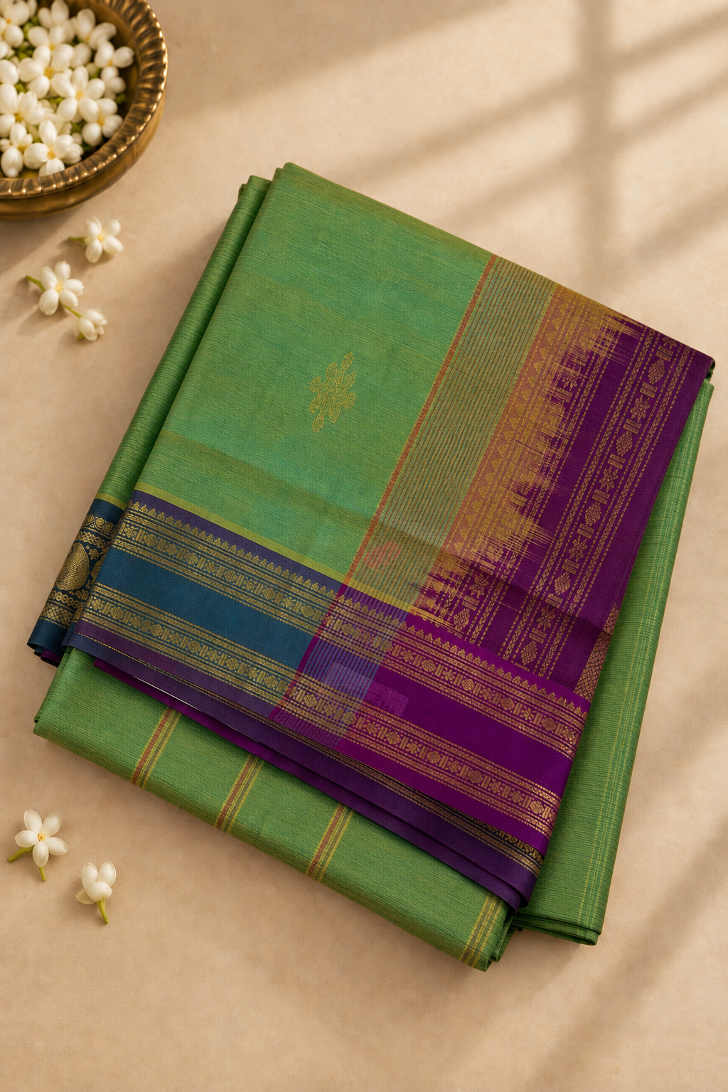 Sea Green Madisar Silk Cotton Saree With Zari Buttas Pattern