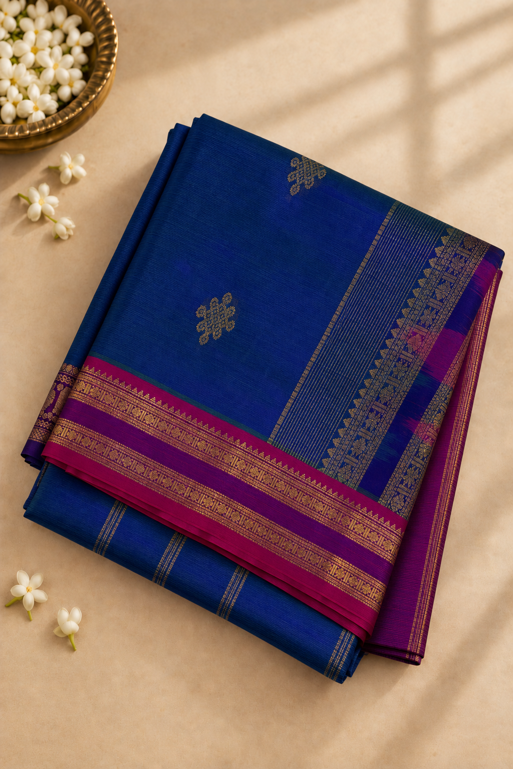 Peacock Blue Madisar Silk Cotton Saree With Zari Buttas Pattern