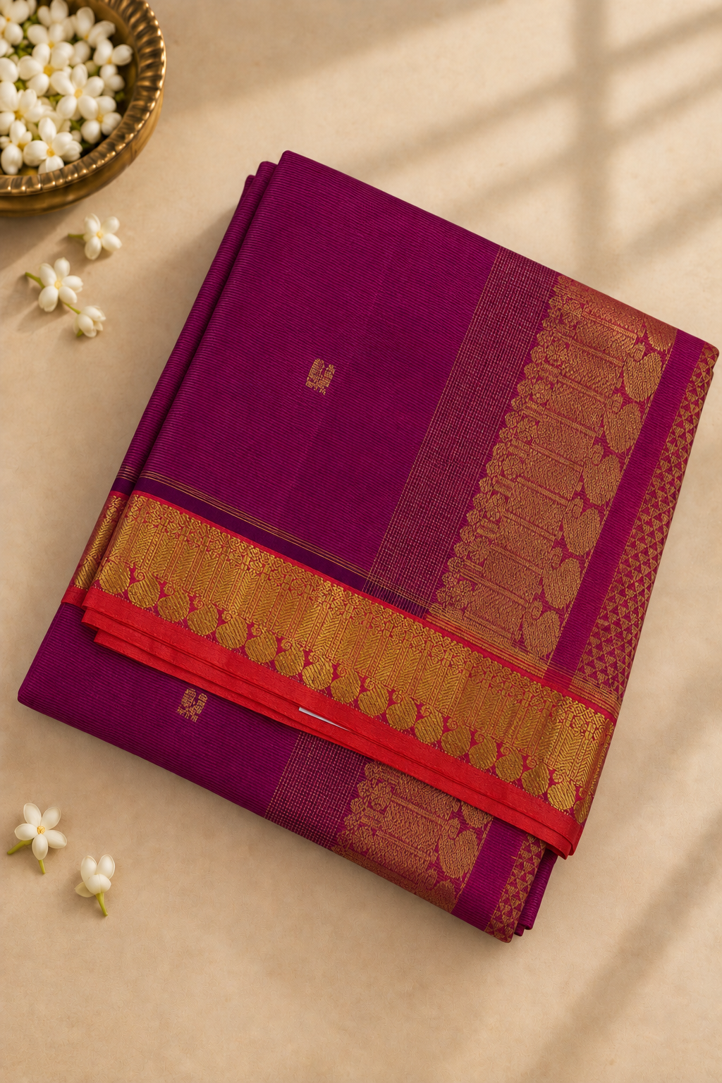 Magenta  Madisar Silk Cotton Saree With Vaira Oosi Pattern