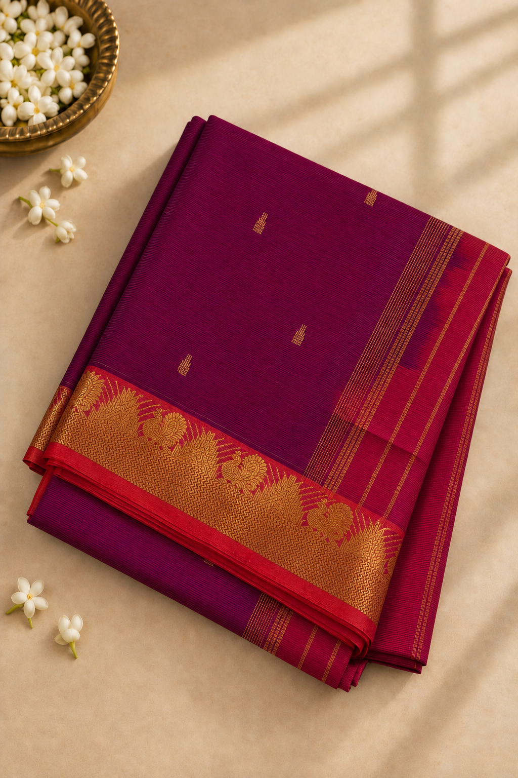 Magenta Purple Madisar Silk Cotton Saree With Vaira Oosi Pattern