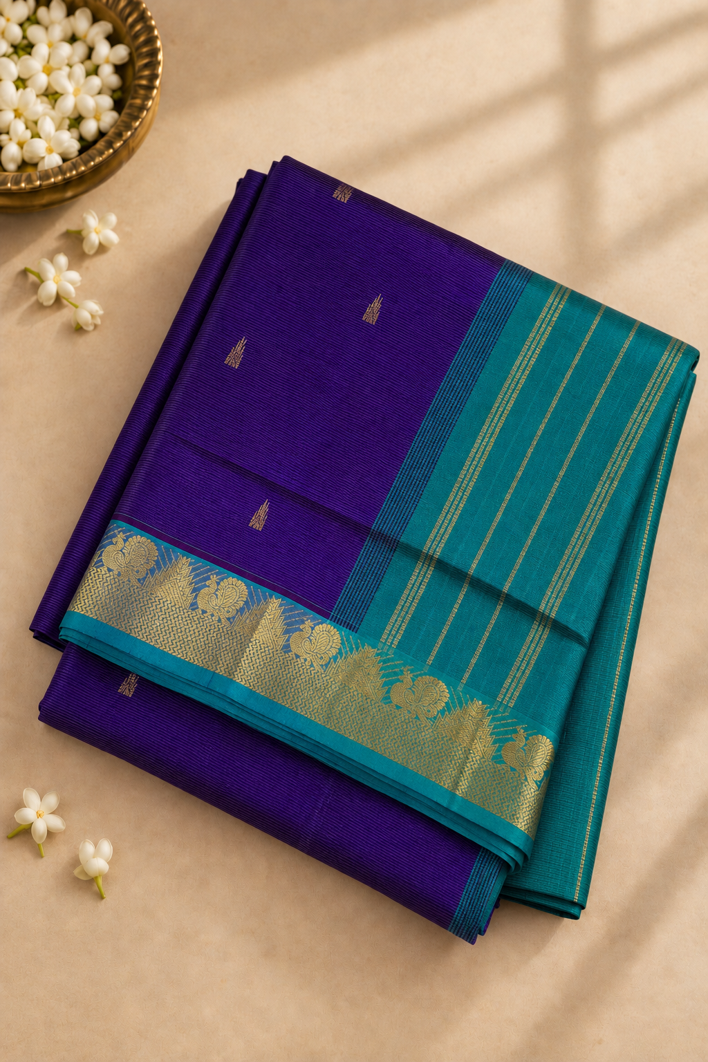 MS Blue Madisar Silk Cotton Saree With Vaira Oosi Pattern