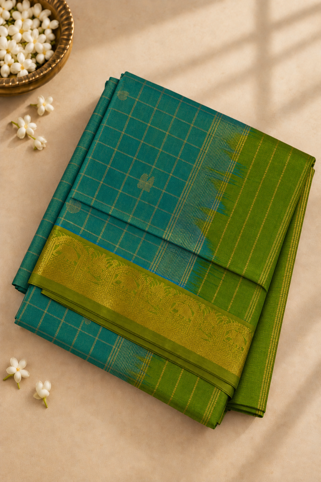 Bluish Green Madisar Silk Cotton Saree With Zari Checked Pattern