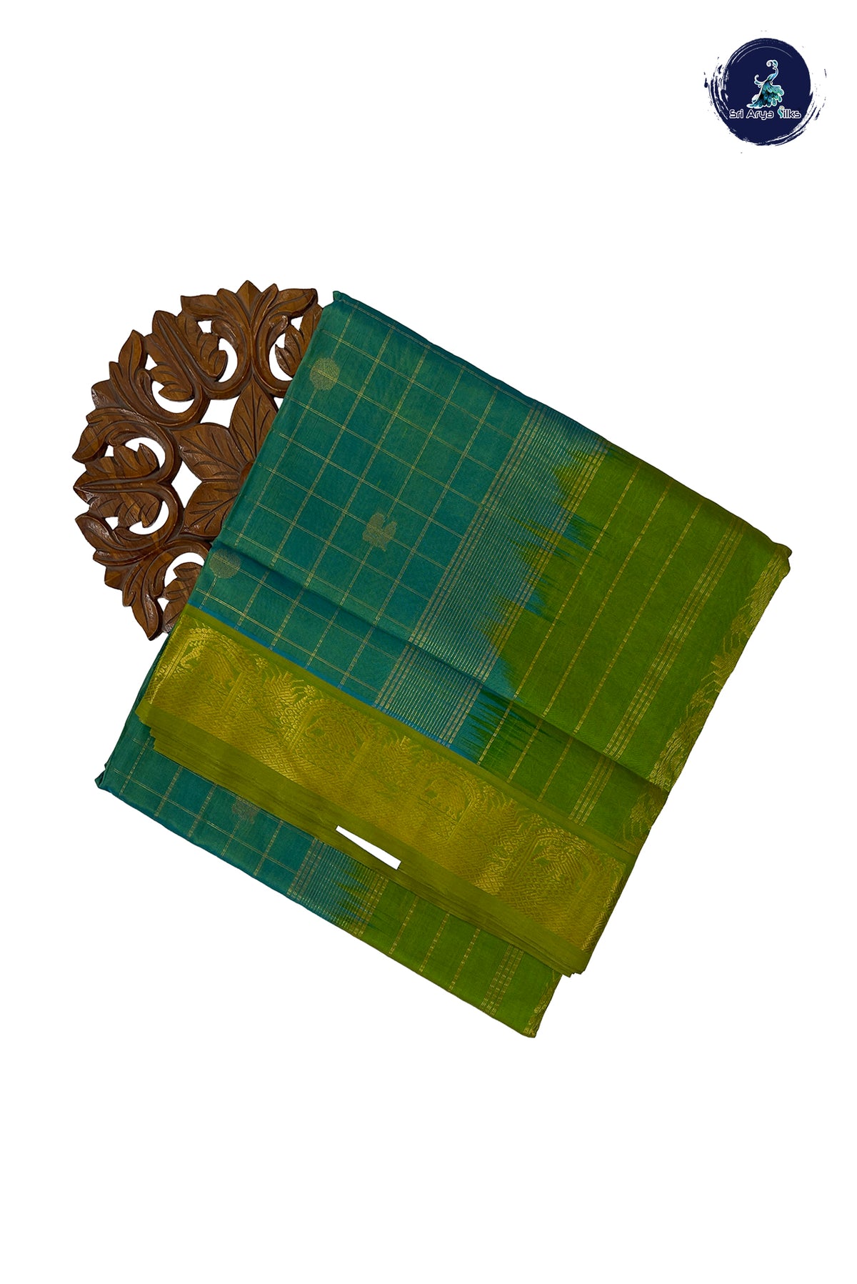 Bluish Green Madisar Silk Cotton Saree With Zari Checked Pattern