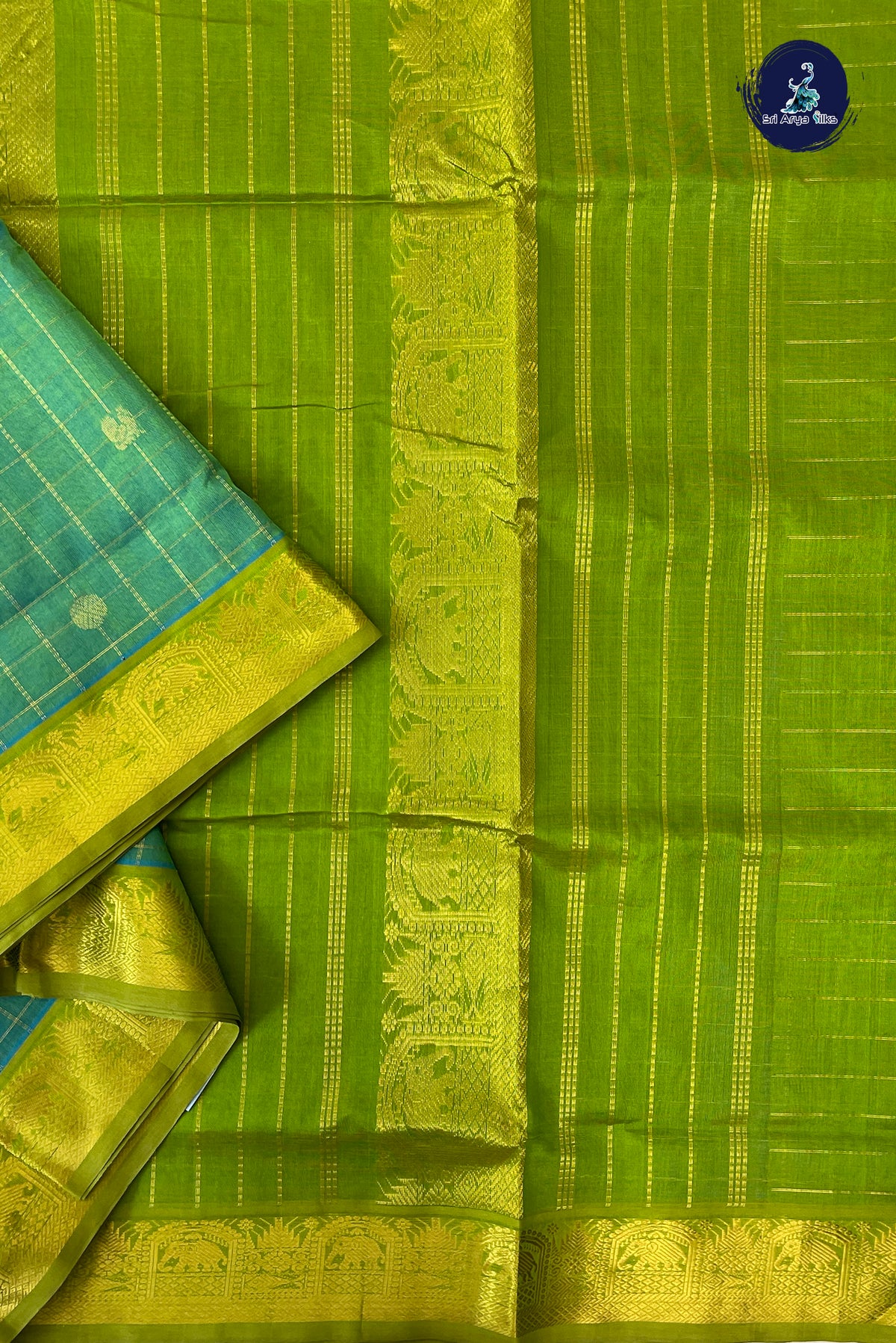 Bluish Green Madisar Silk Cotton Saree With Zari Checked Pattern