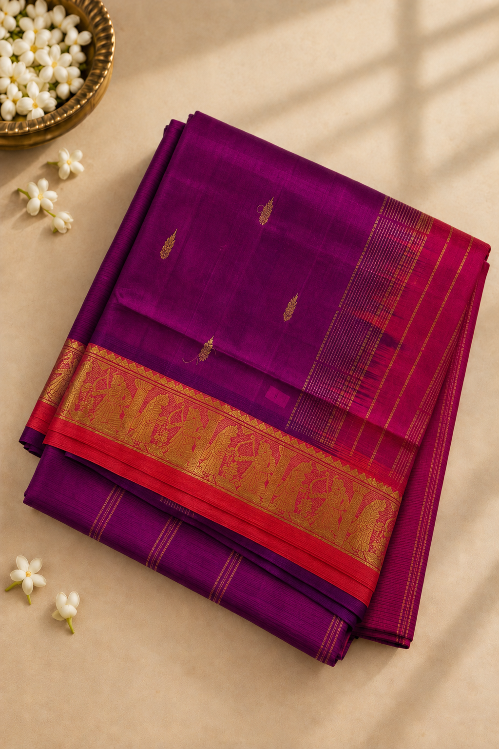 Magenta Purple Madisar Silk Cotton Saree With Zari Buttas Pattern
