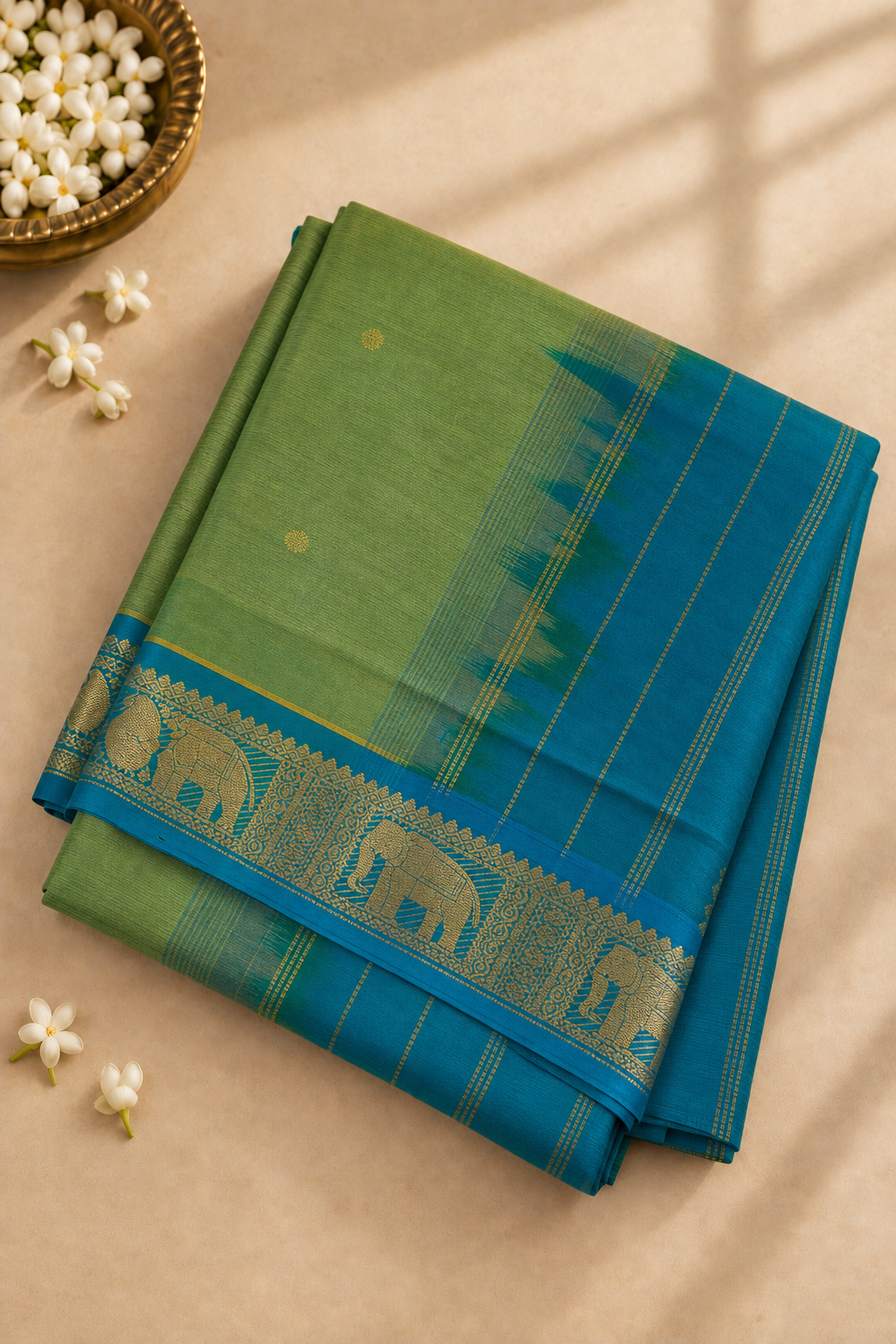 Sea Green Madisar Silk Cotton Saree With Zari Buttas Pattern