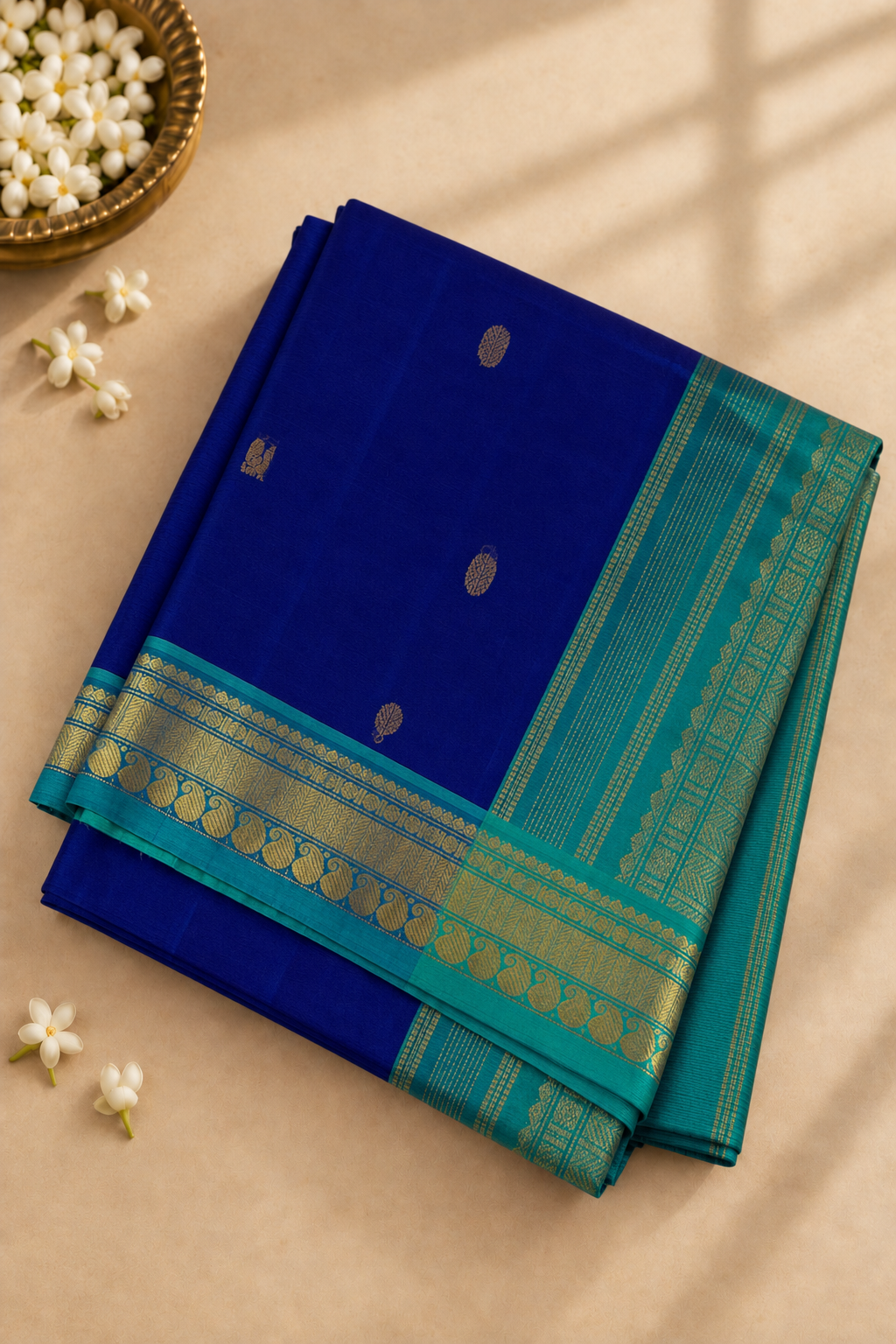 Dark Blue Madisar Silk Cotton Saree With Zari Buttas Pattern