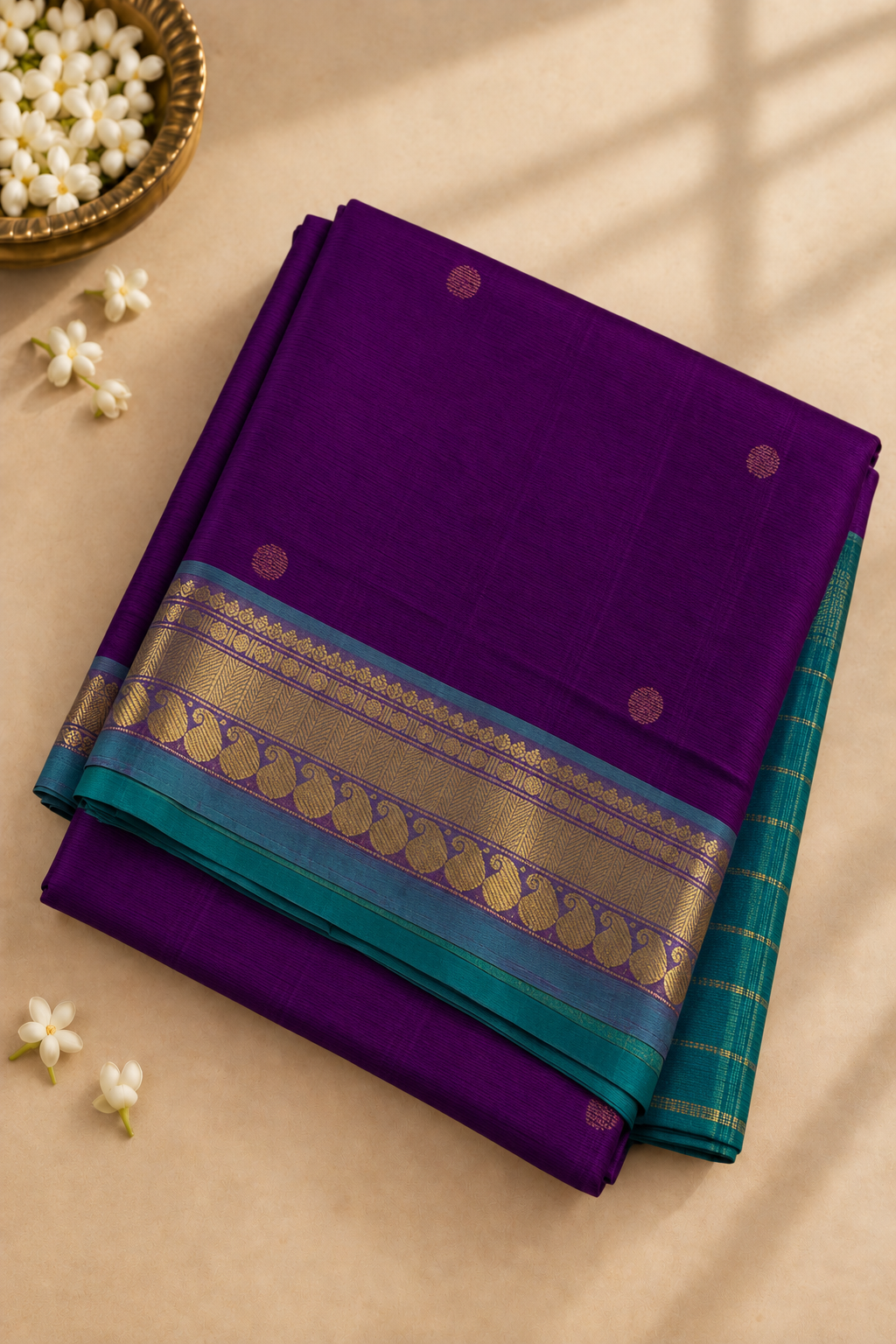 Purple Madisar Silk Cotton Saree With Zari Buttas Pattern