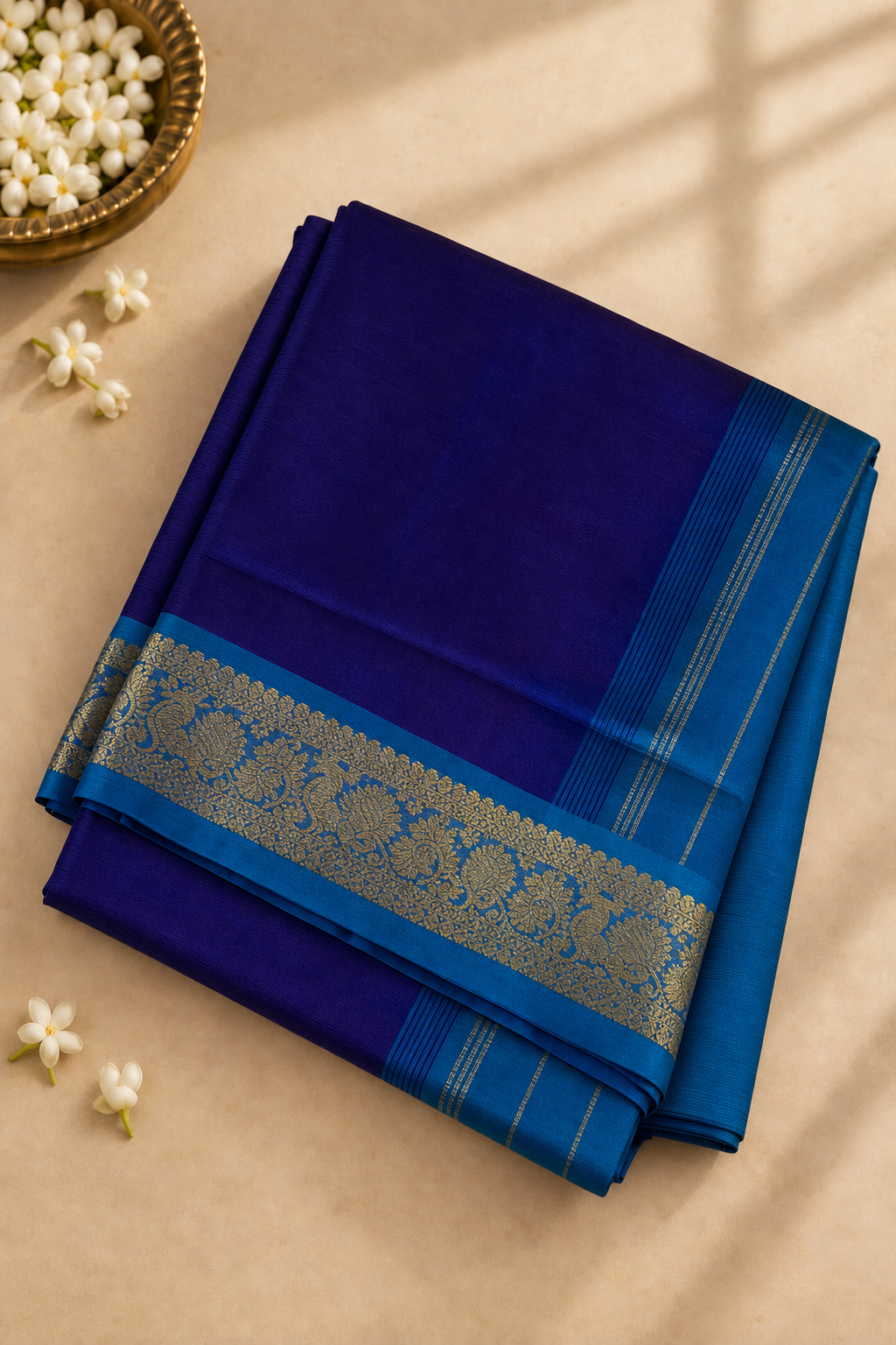 Dark Blue Madisar Silk Cotton Saree With Plain Pattern