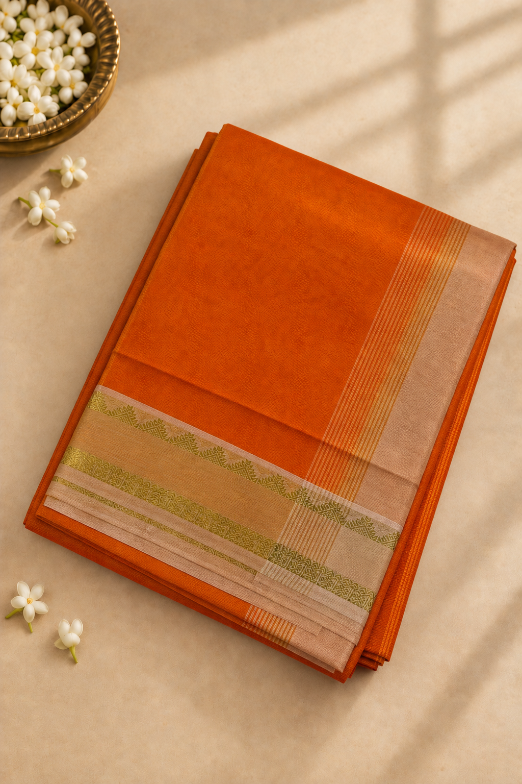 Lite Mustard Orange Madisar Silk Cotton Saree With Plain Pattern