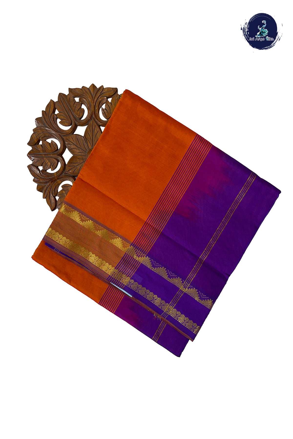 Orange Half Pure Madisar Silk Cotton Saree With Plain Pattern