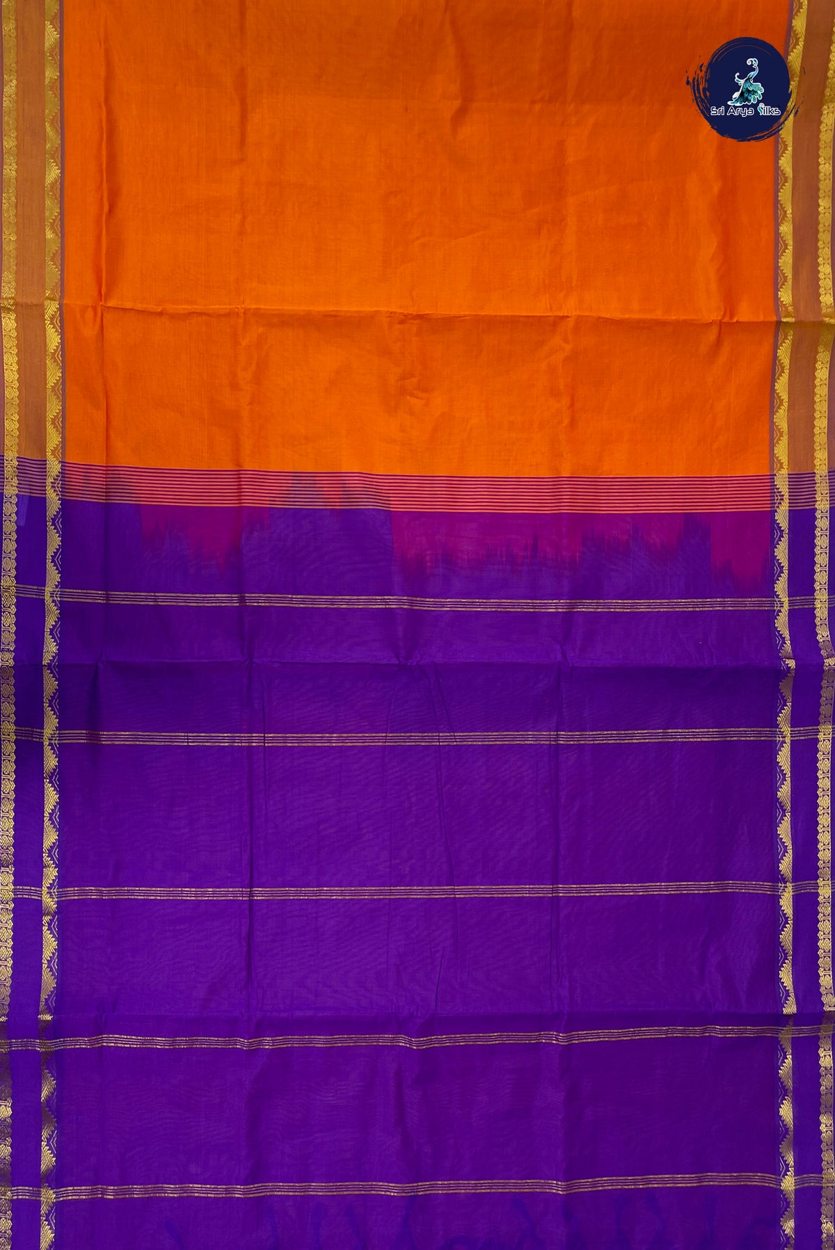 Orange Half Pure Madisar Silk Cotton Saree With Plain Pattern