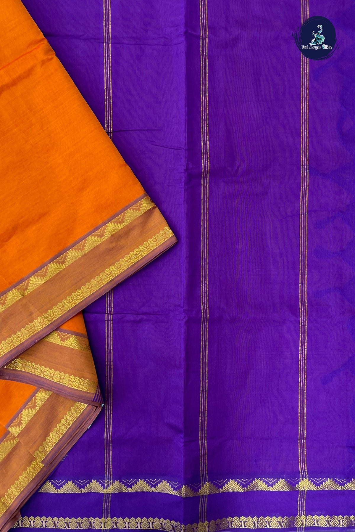 Orange Half Pure Madisar Silk Cotton Saree With Plain Pattern
