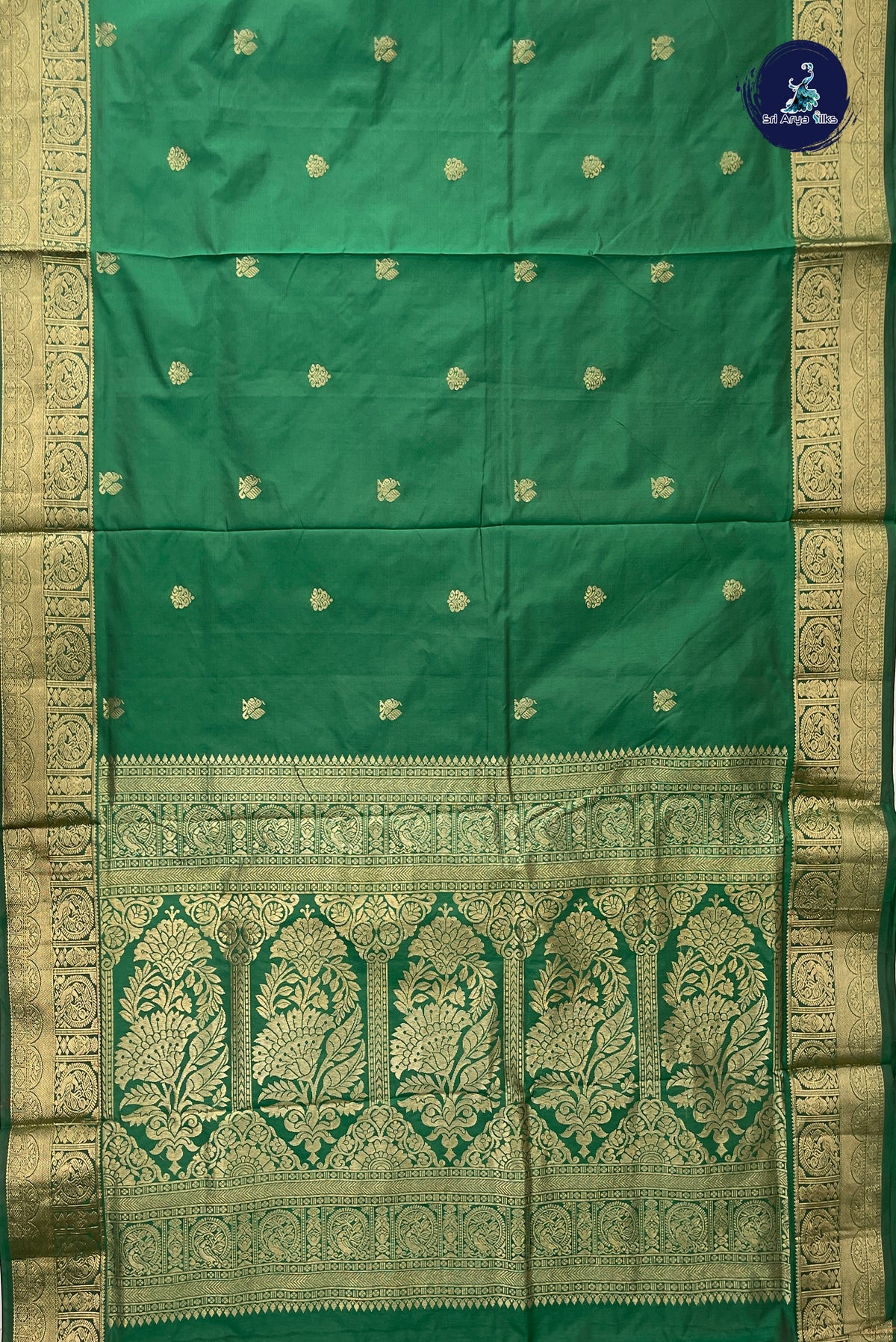 Dark Green 10 Yards Semi Silk With Zari Buttas Pattern