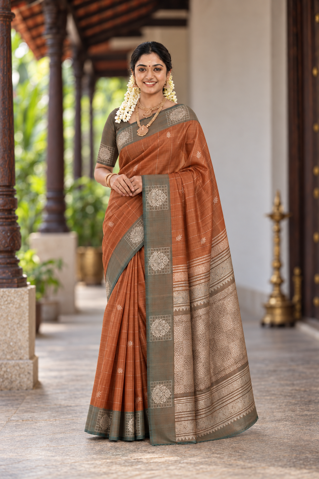 Light Brown Kora Sico Silk Cotton With Stripes Pattern