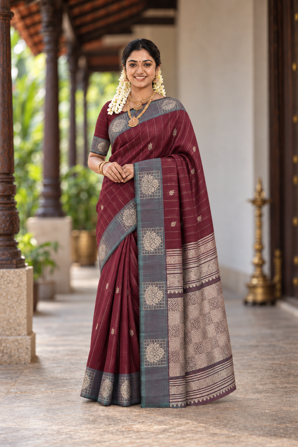 Brown Kora Sico Silk Cotton With Stripes Pattern