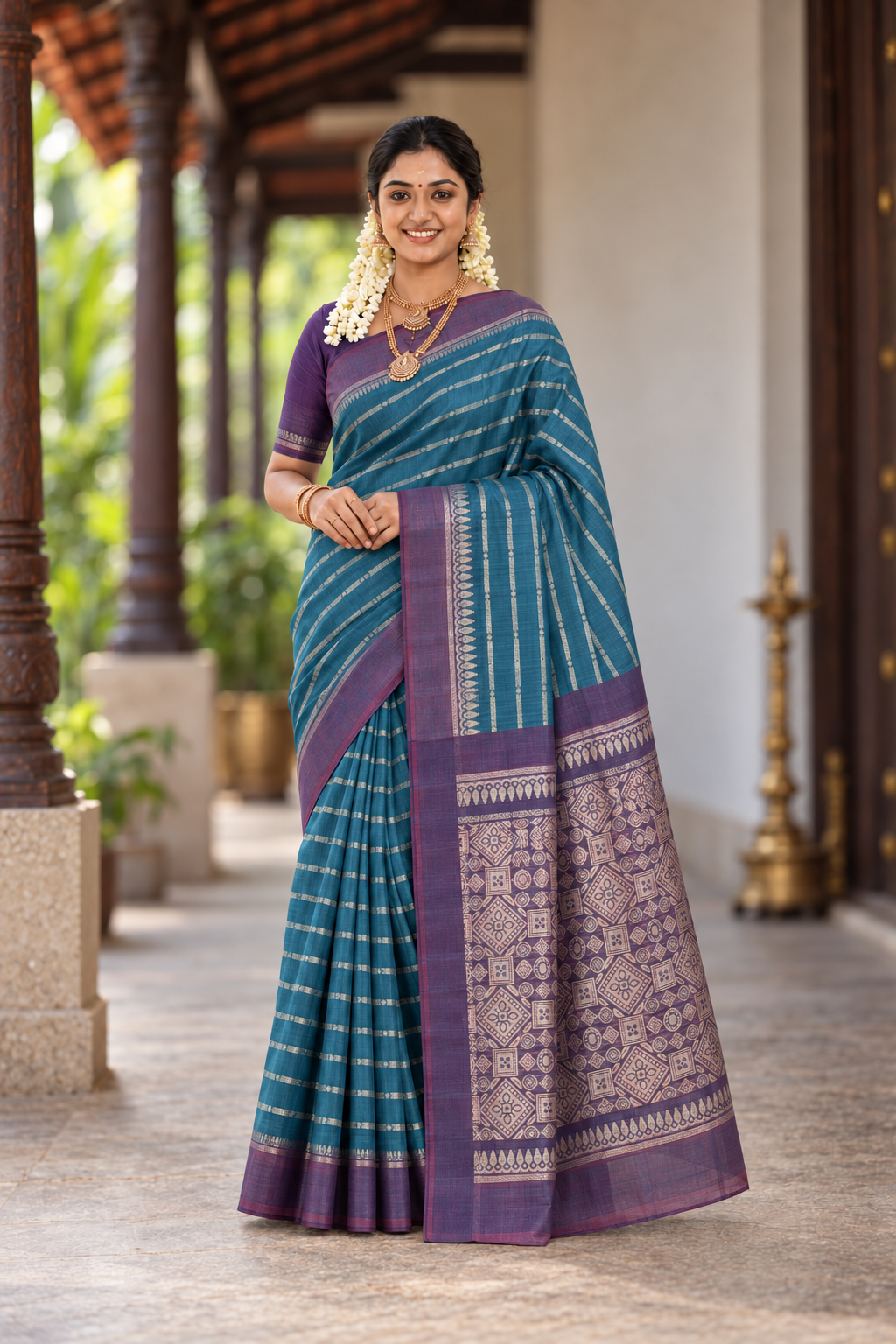 Peacock Blue Kora Sico Silk Cotton With Stripes Pattern