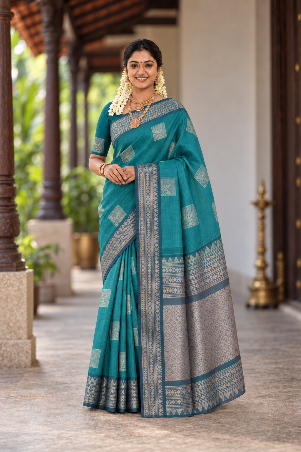 Teal Kora Sico Silk Cotton With Zari Buttas Pattern