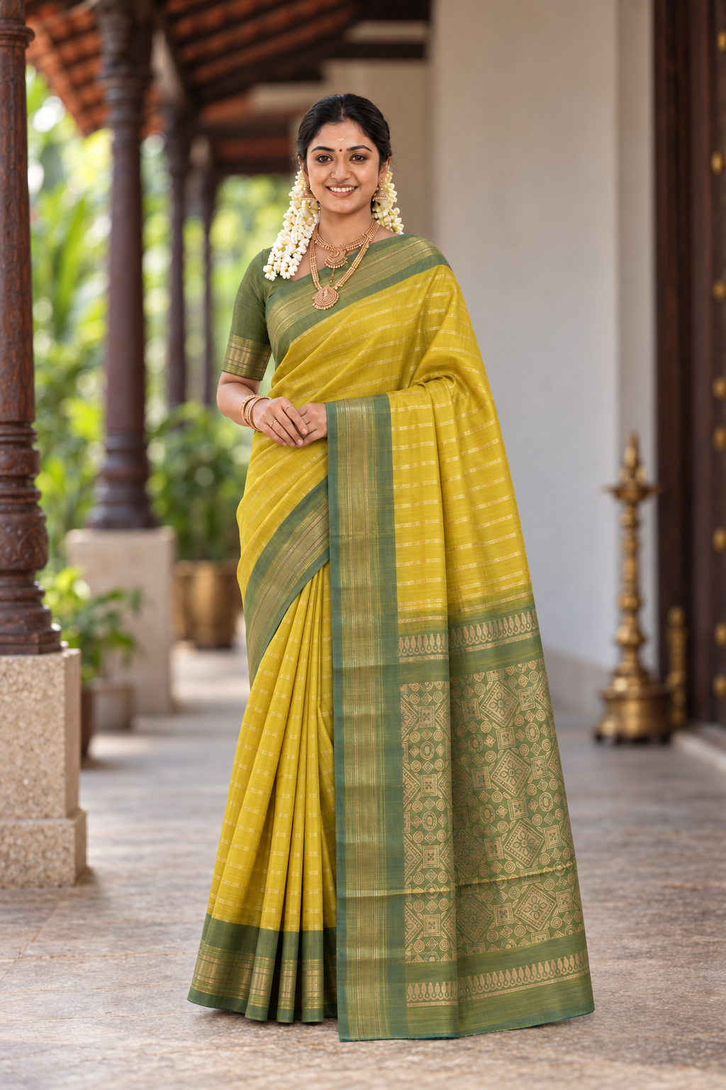 Yellow Kora Sico Silk Cotton With Stripes Pattern