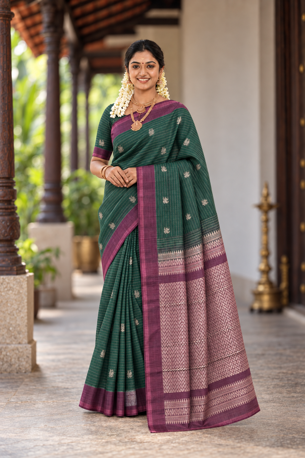 Bottle Green Kora Sico Silk Cotton With Stripes Pattern