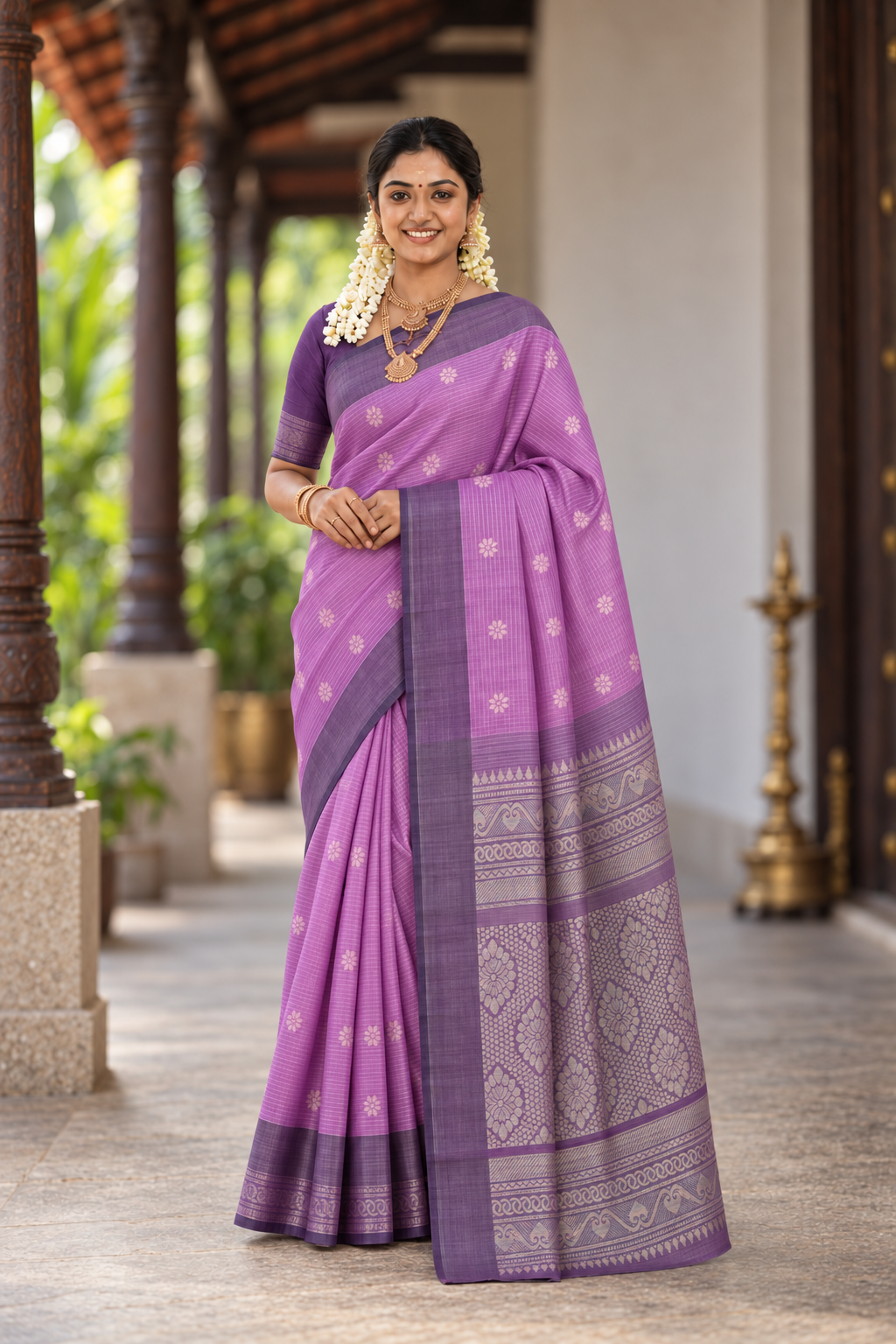 Lavender Kora Sico Silk Cotton With Stripes Pattern