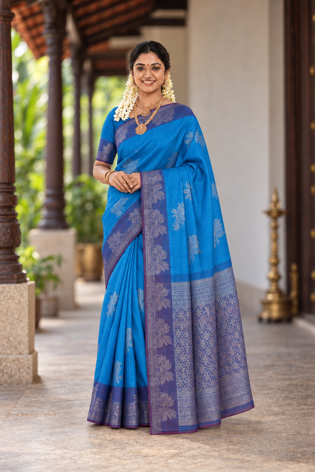 Copper Sulphate Blue Kora Sico Silk Cotton With Zari Buttas Pattern