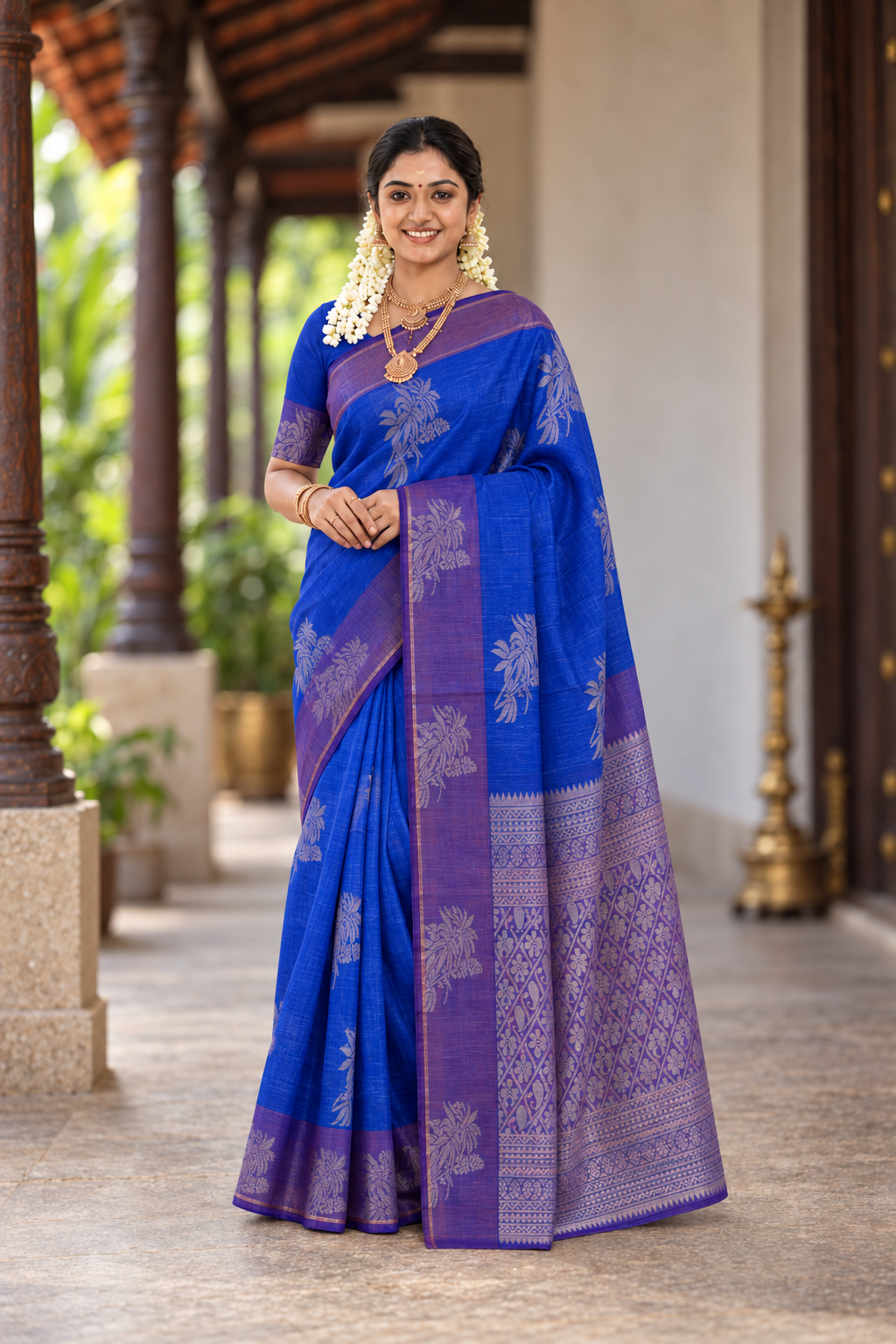Dark Blue Kora Sico Silk Cotton With Zari Buttas Pattern