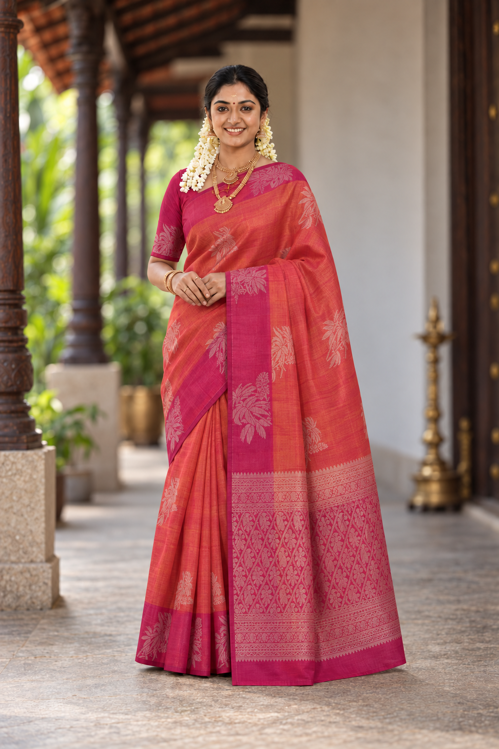 Orangish Pink Kora Sico Silk Cotton With Zari Buttas Pattern