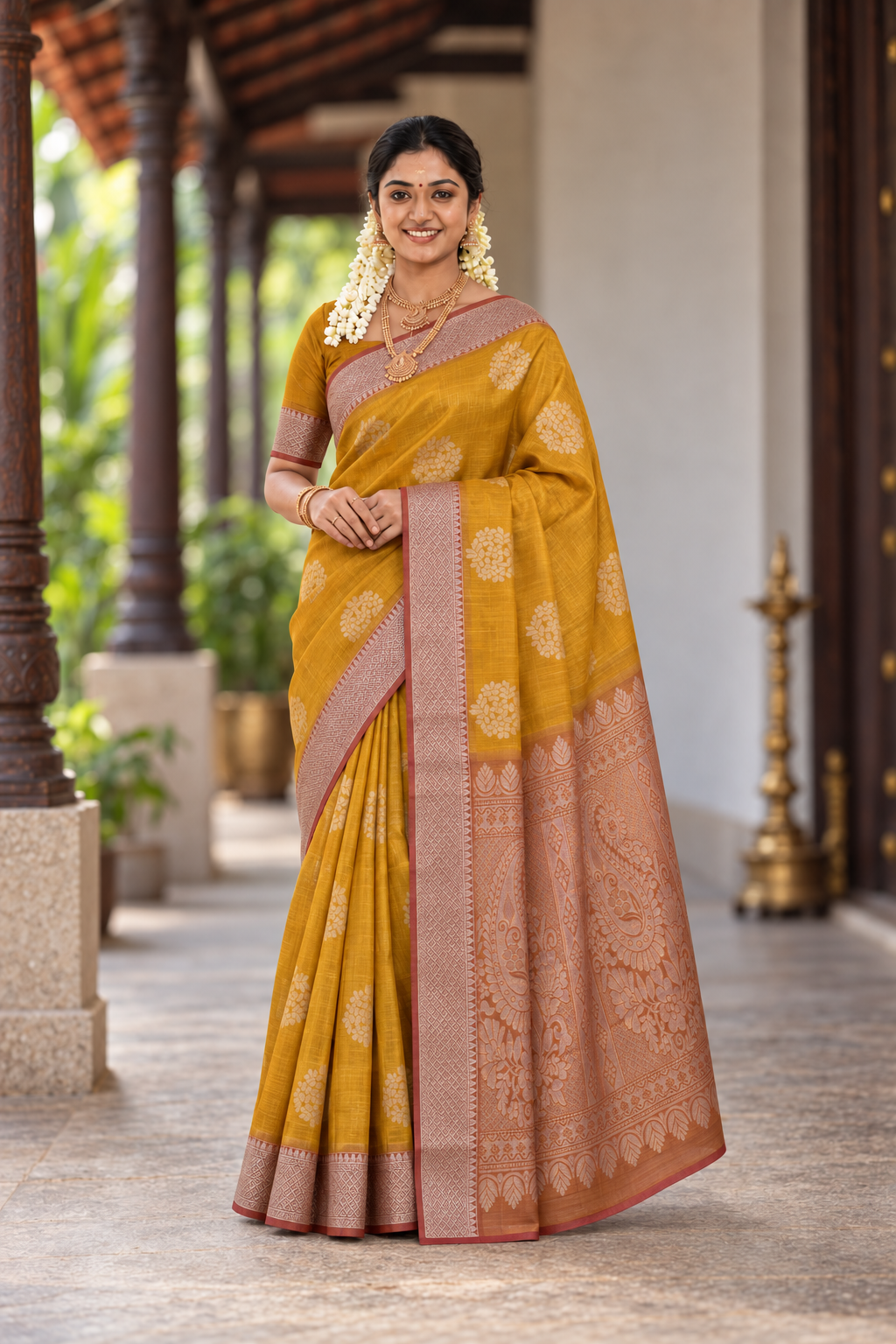 Yellow Kora Sico Silk Cotton With Zari Buttas Pattern