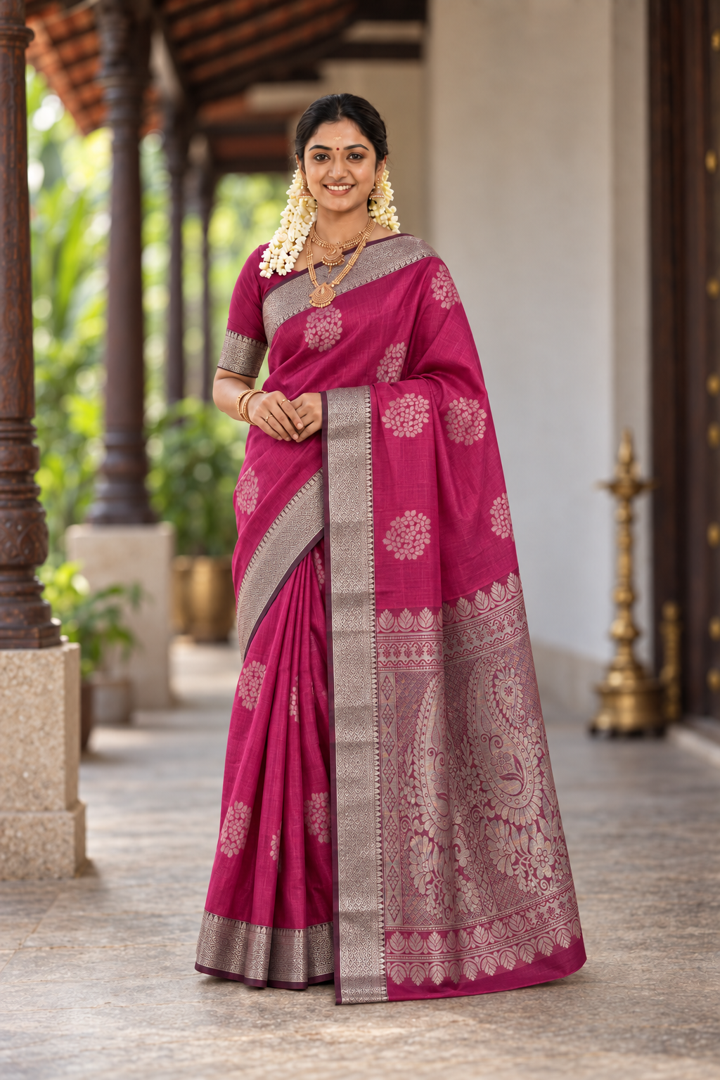 Pink Kora Sico Silk Cotton With Zari Buttas Pattern