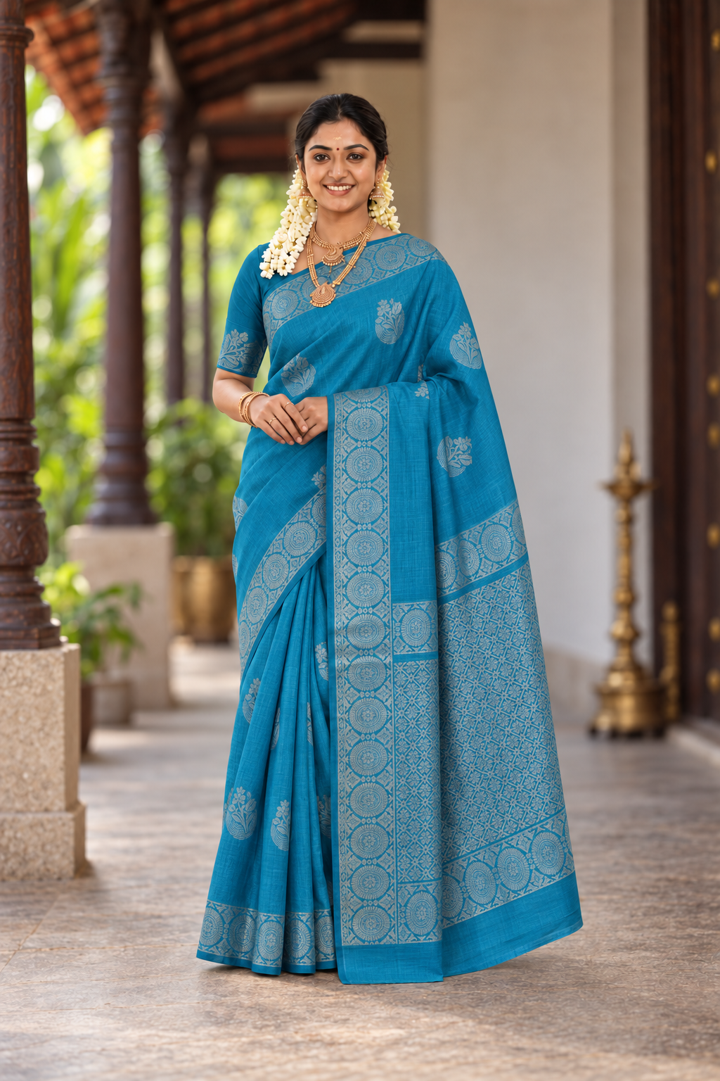 Blue Kora Sico Silk Cotton With Zari Buttas Pattern