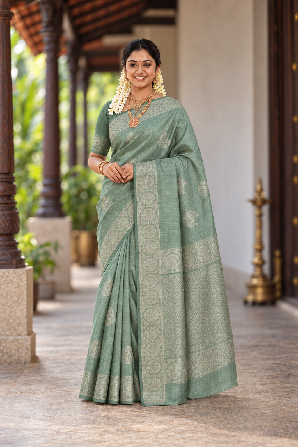 Pastel Green Kora Sico Silk Cotton With Zari Buttas Pattern