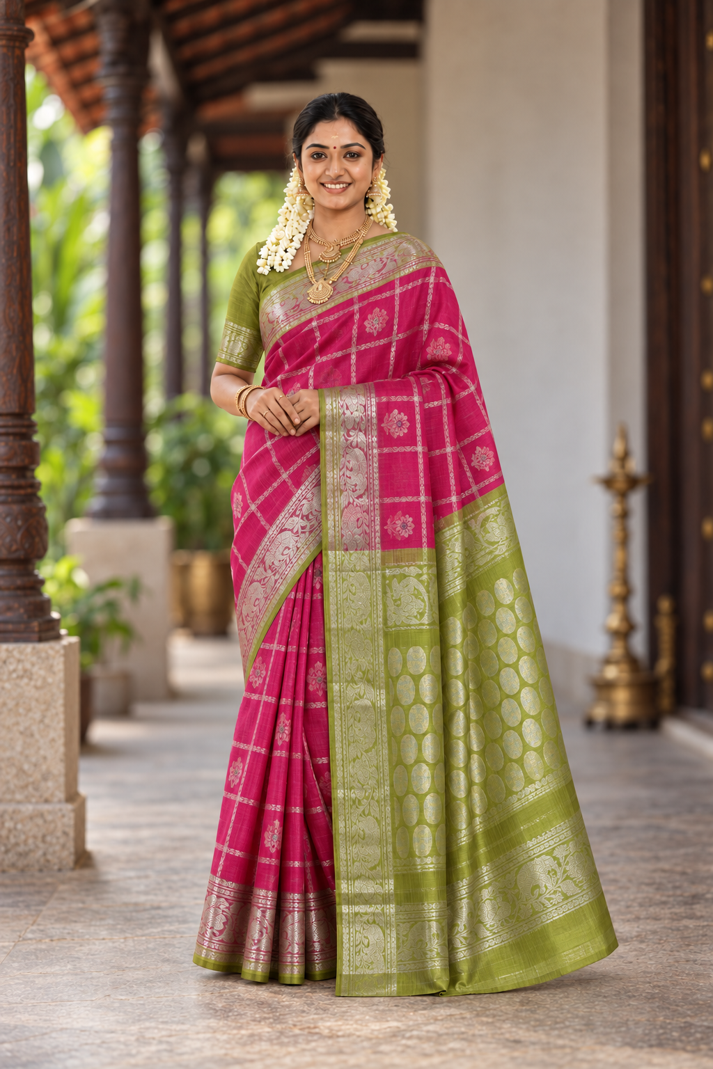 Pink Mangalgiri Silk Cotton With Zari Checked Pattern