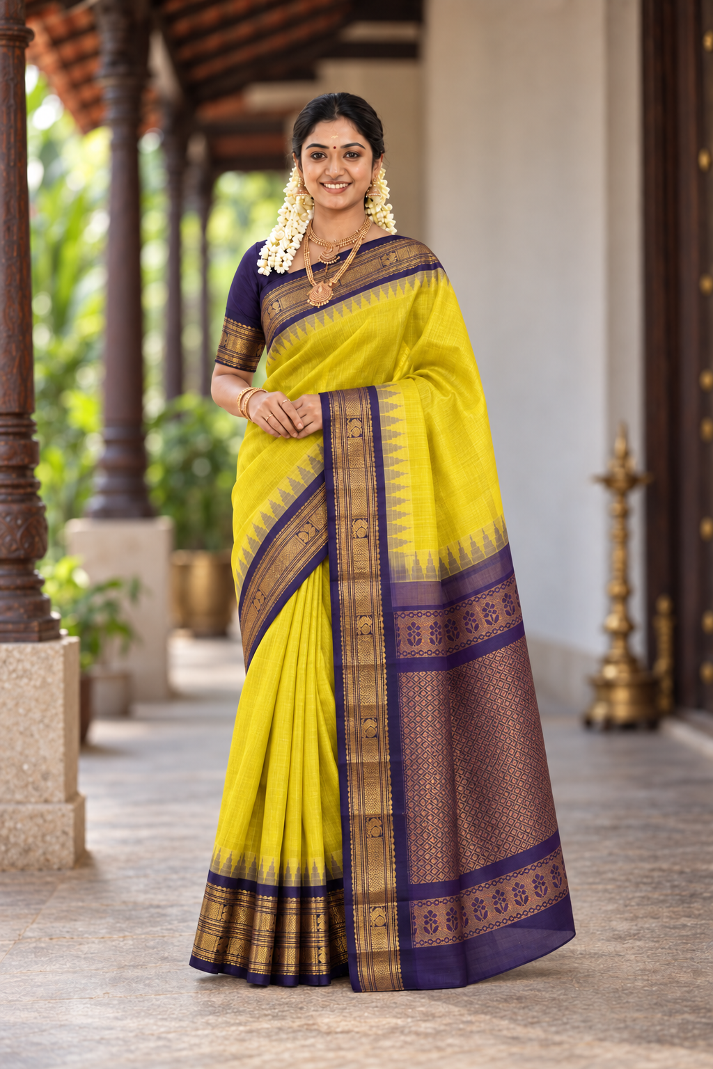 Yellow Kuppadam Silk Cotton Saree With Plain Pattern