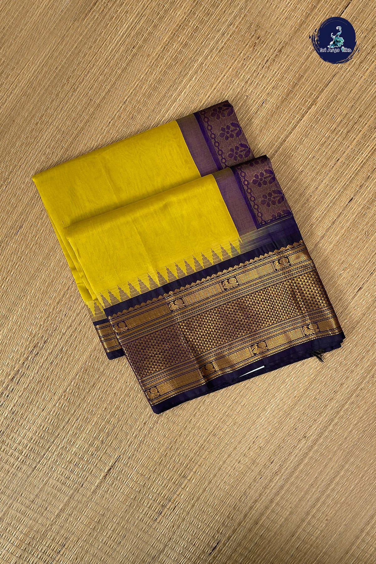 Yellow Kuppadam Silk Cotton Saree With Plain Pattern