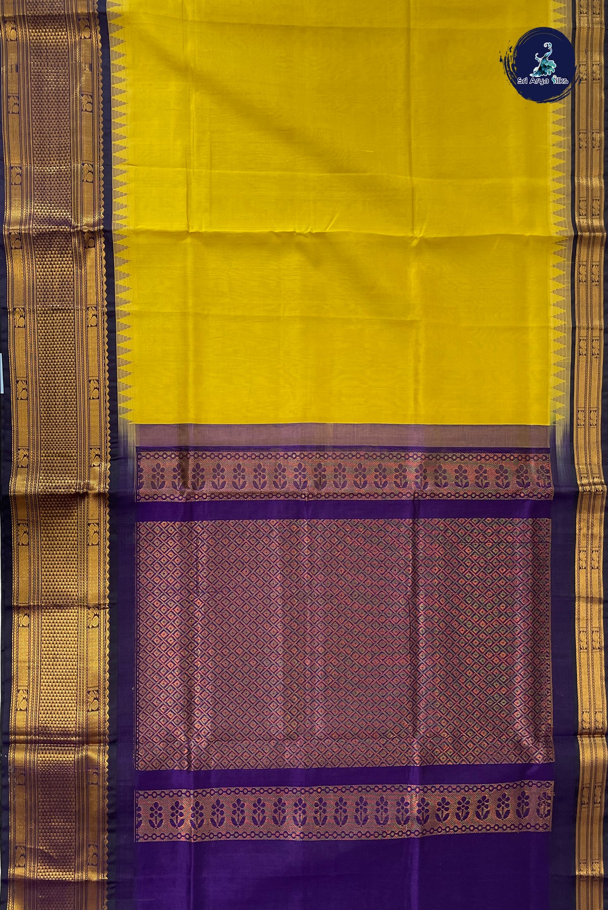Yellow Kuppadam Silk Cotton Saree With Plain Pattern
