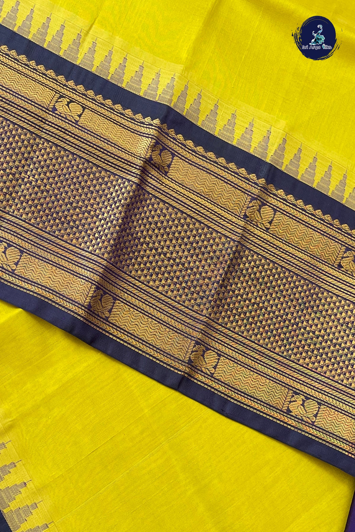 Yellow Kuppadam Silk Cotton Saree With Plain Pattern