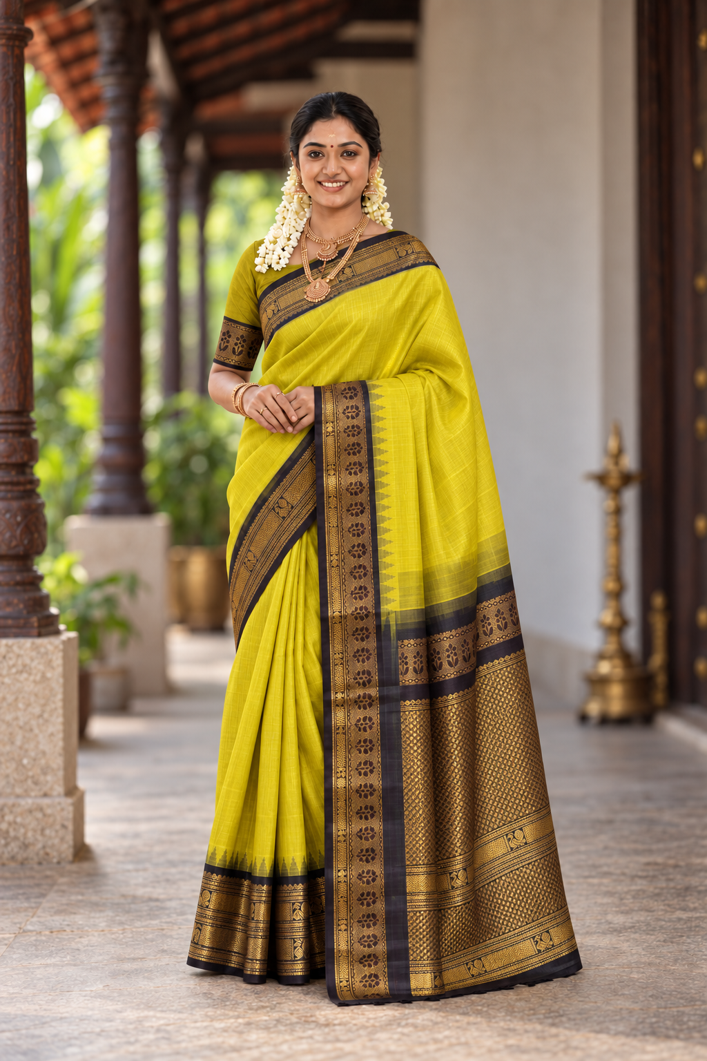 Yellow Kuppadam Silk Cotton Saree With Plain Pattern