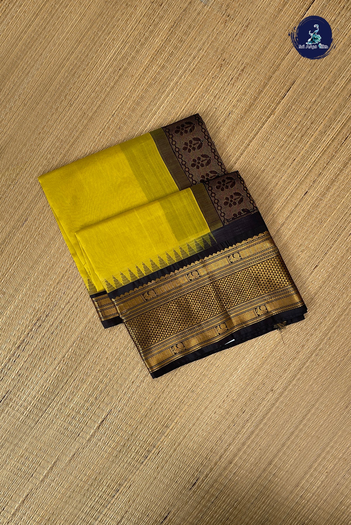 Yellow Kuppadam Silk Cotton Saree With Plain Pattern