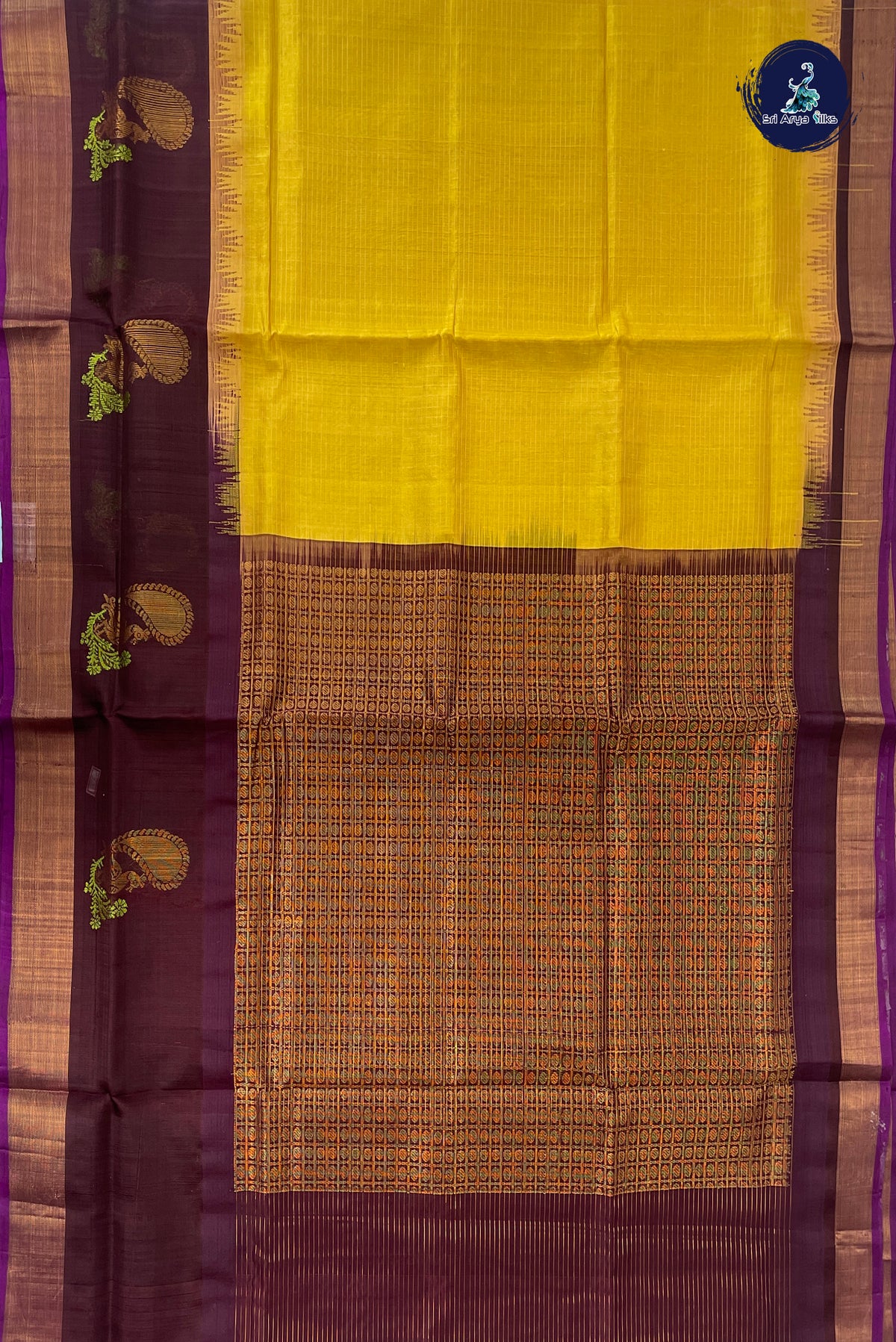 Mustard Yellow Kuppadam Silk Cotton Saree With Zari Checked Pattern