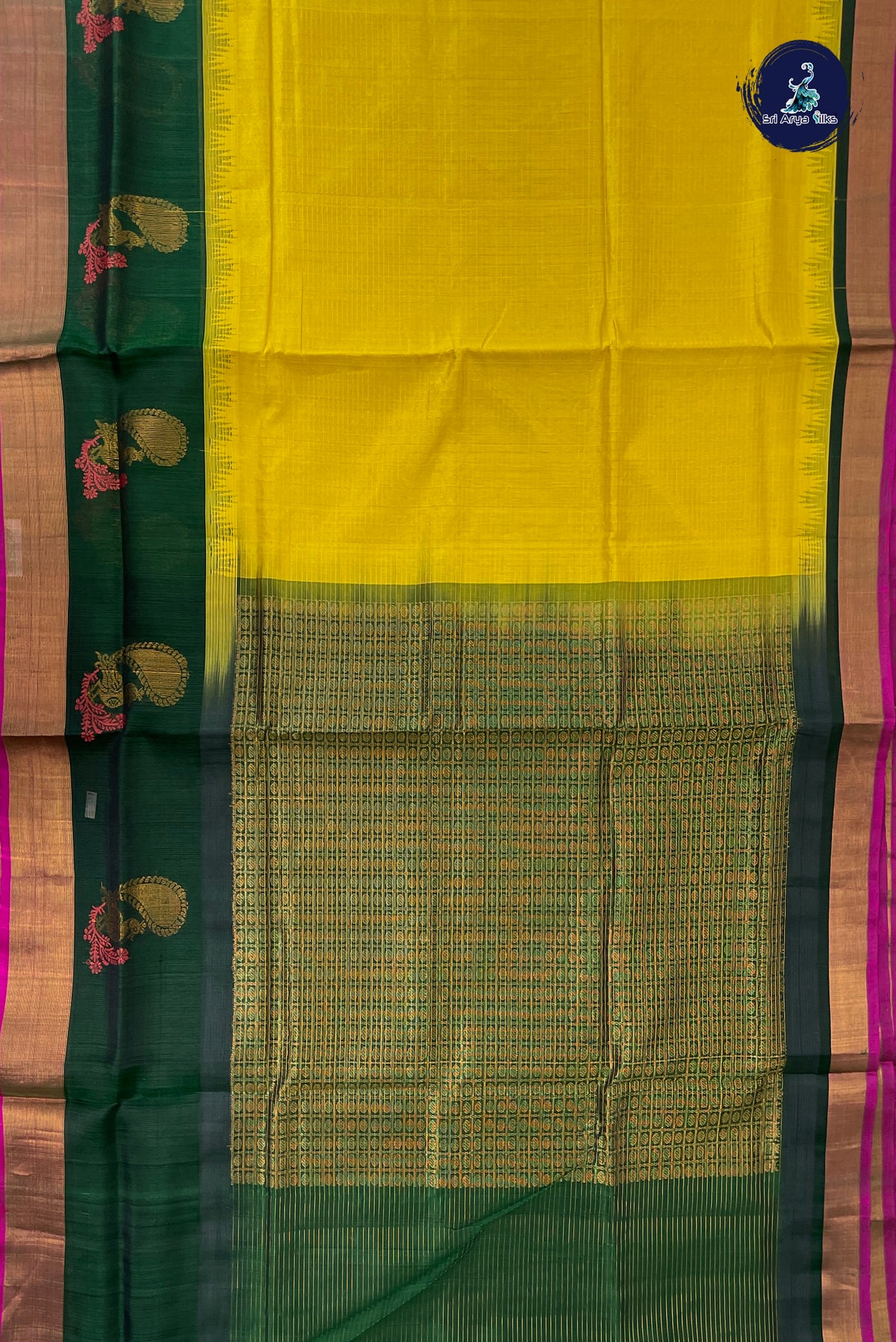 Yellow Kuppadam Silk Cotton Saree With Zari Checked Pattern