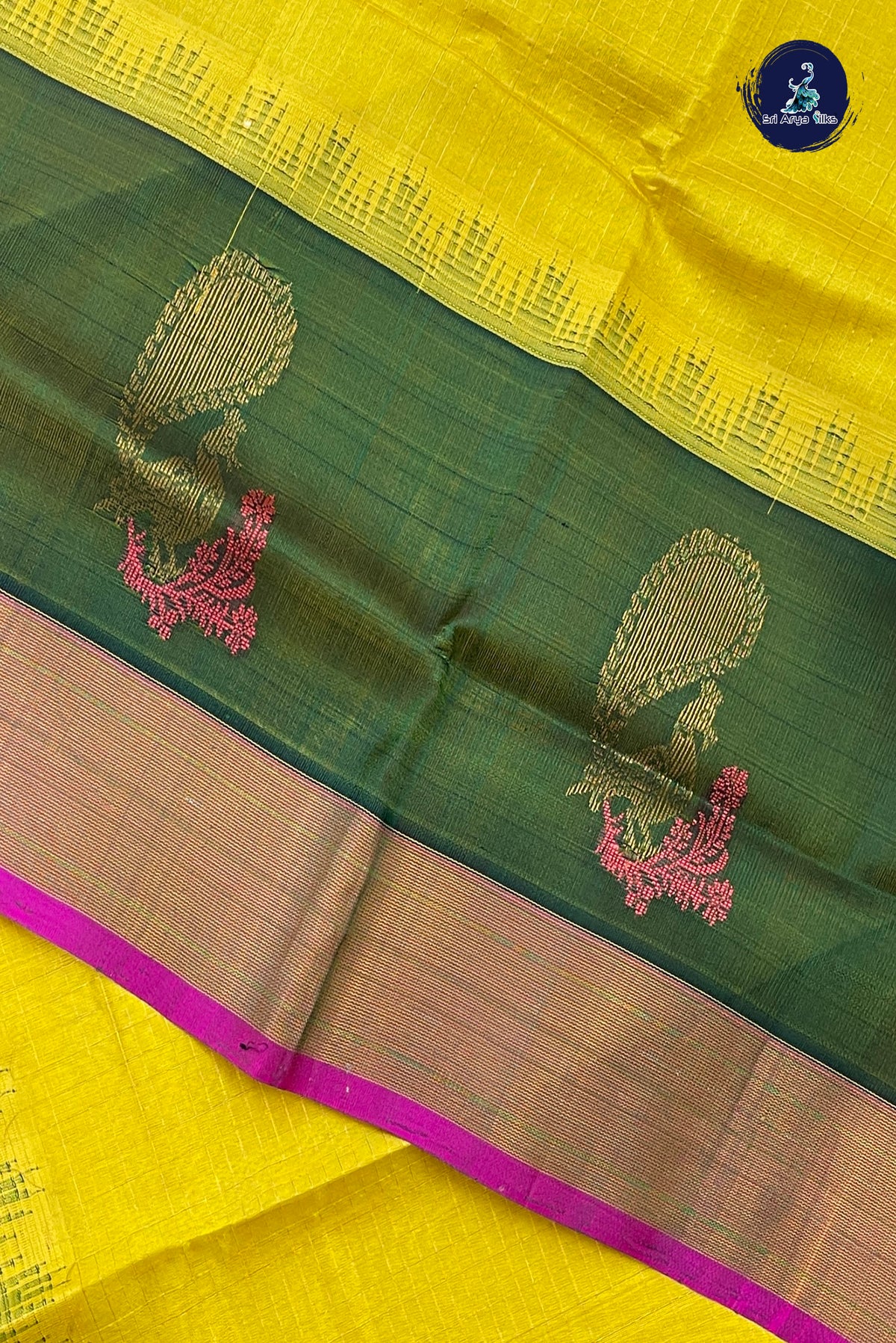 Yellow Kuppadam Silk Cotton Saree With Zari Checked Pattern