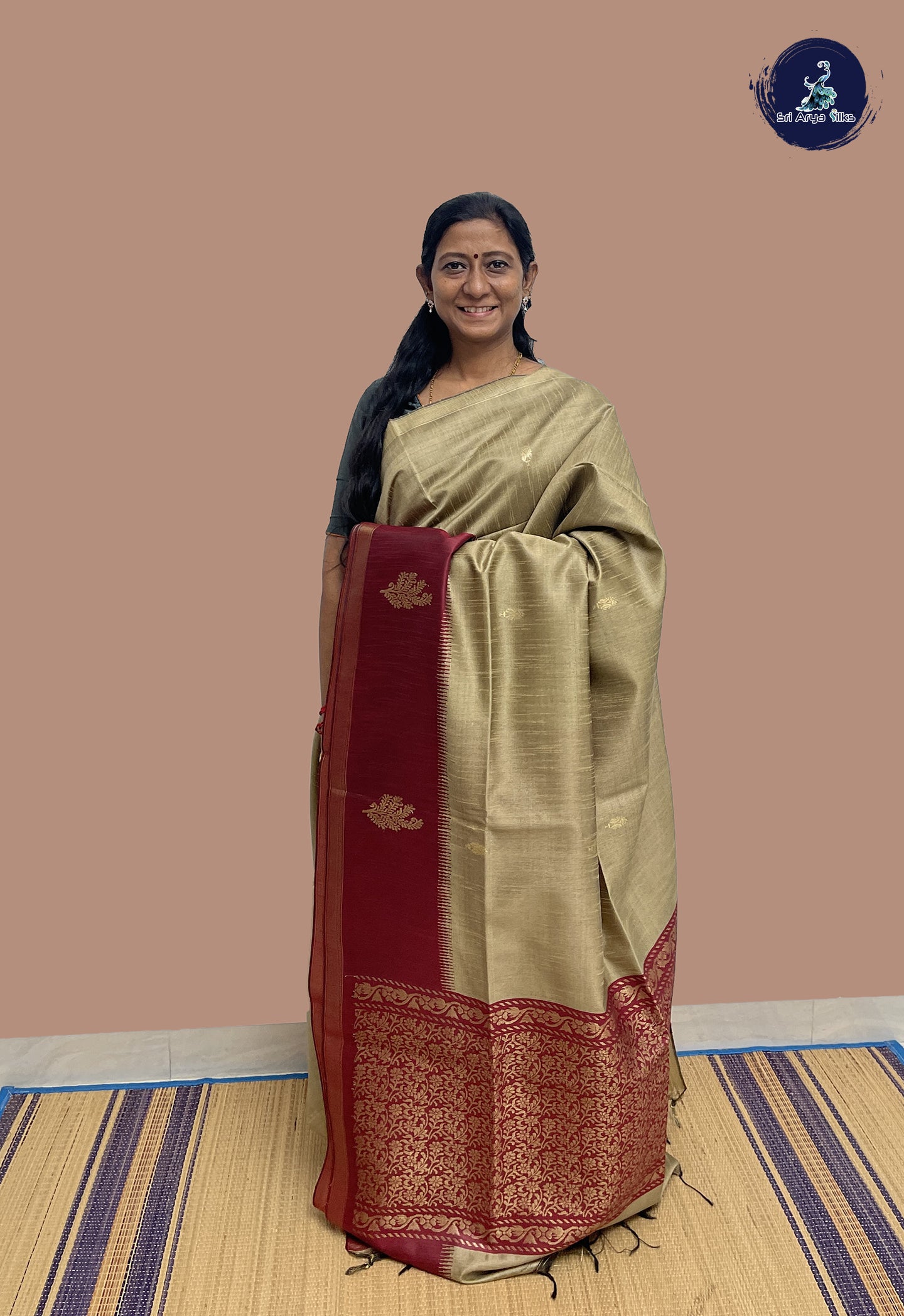 Light Brown Raw Silk Saree With Zari Buttas Pattern